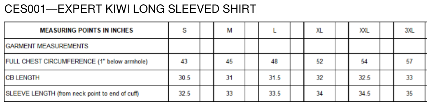 Maßblatt des Herstellers zu Expert Kiwi Long Sleeved Shirt mit den Maßen je Größe