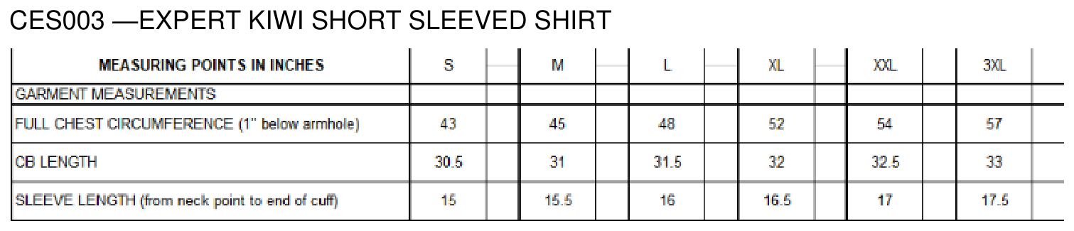 Maßblatt des Herstellers zu Expert Kiwi Short Sleeved Shirt mit den Maßen je Größe