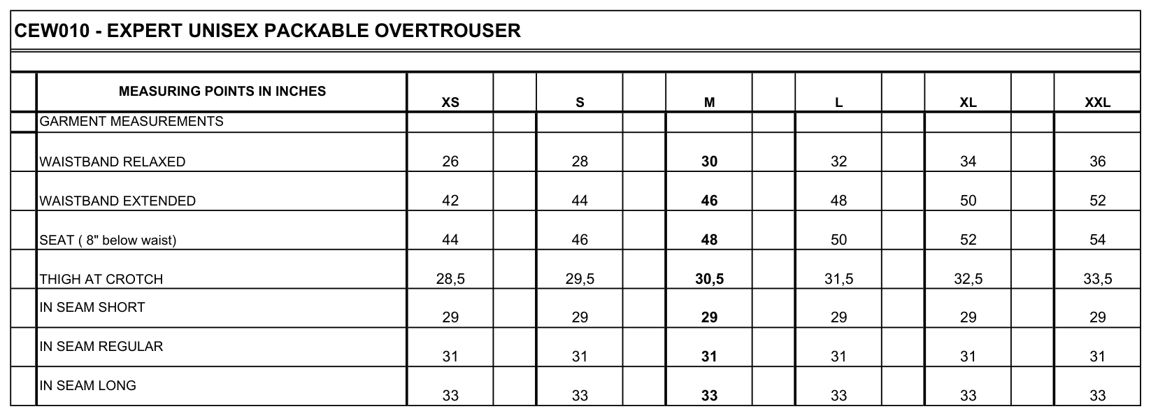Maßblatt des Herstellers zu Expert Packable Overtrouser mit den Maßen je Größe