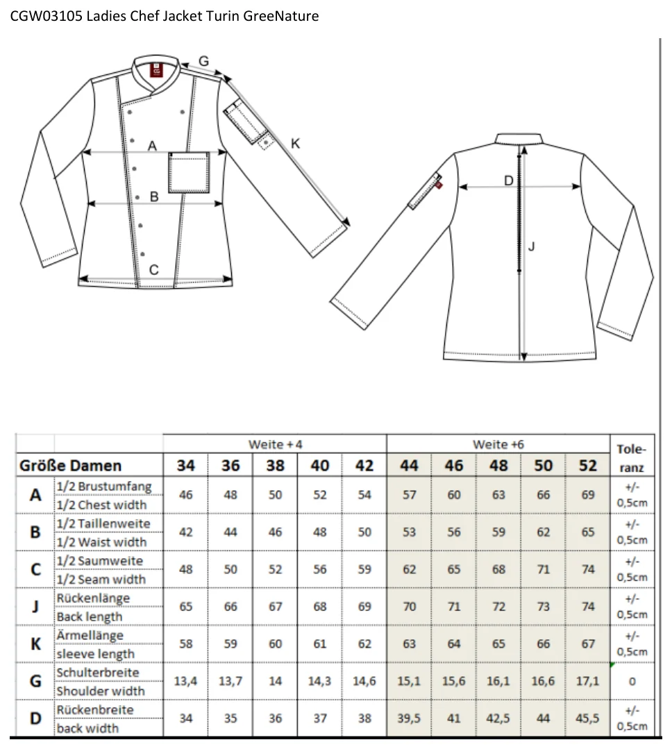 Maßblatt des Herstellers zu Ladies´ Chef Jacket Turin GreeNature mit den Maßen je Größe