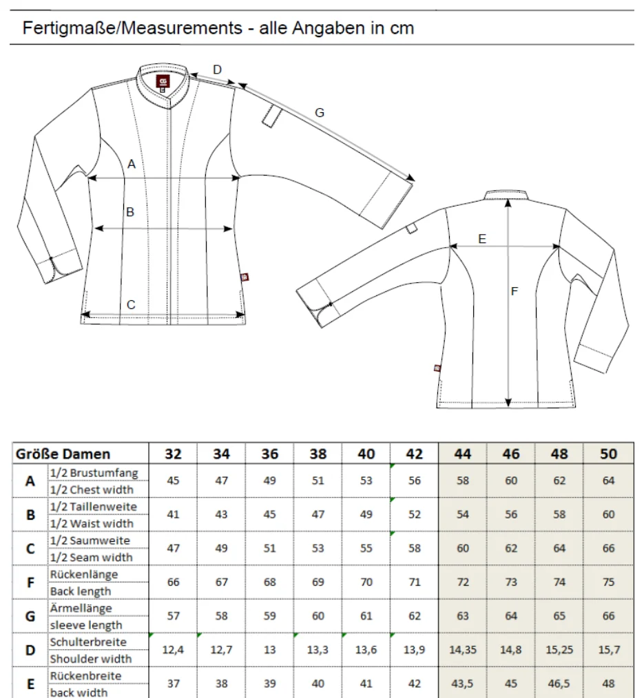 Maßblatt des Herstellers zu Ladies´ Chef Jacket Giulianova mit den Maßen je Größe