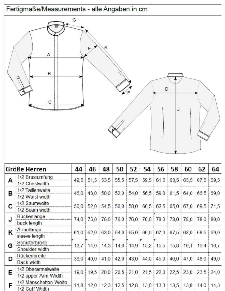 Maßblatt des Herstellers zu Men´s Care Chef Jacket Arona Longsleeve mit den Maßen je Größe
