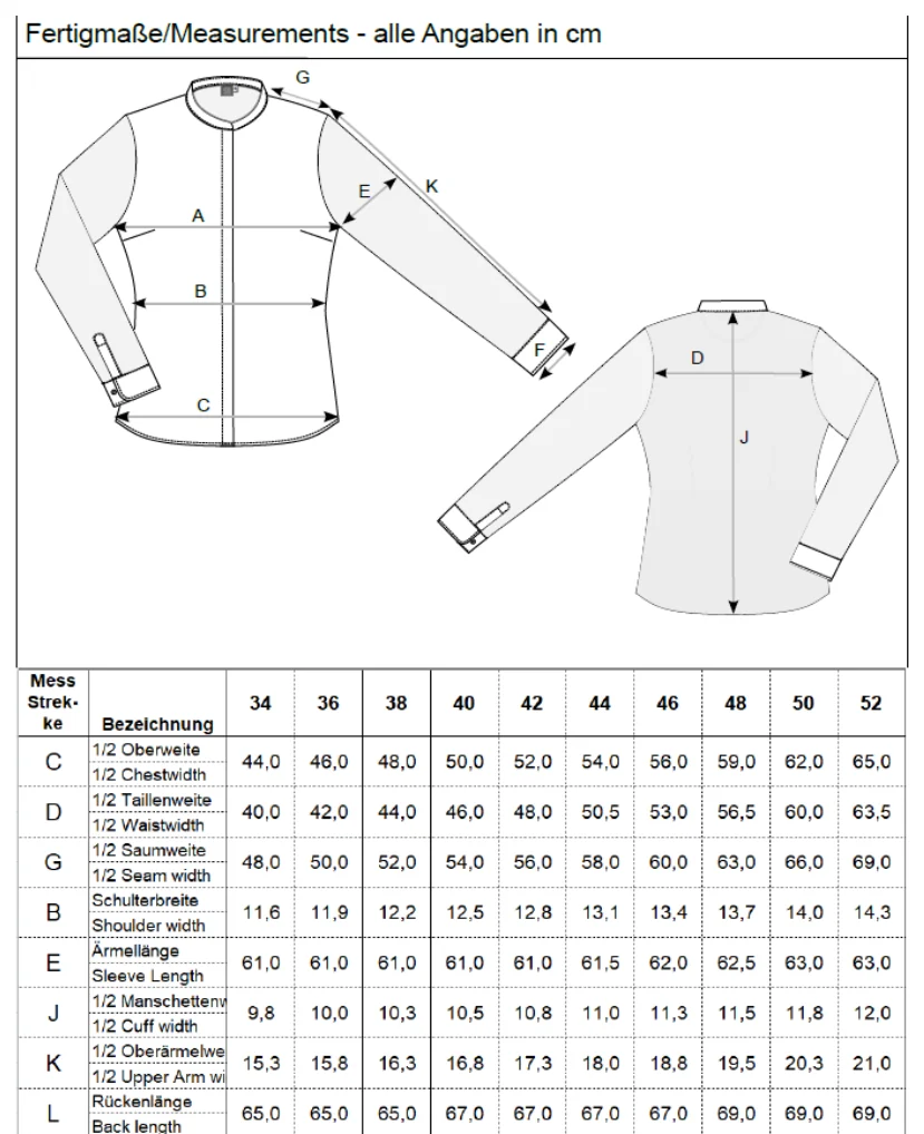 Maßblatt des Herstellers zu Ladies Care Chef Jacket Arona Longsleeve mit den Maßen je Größe