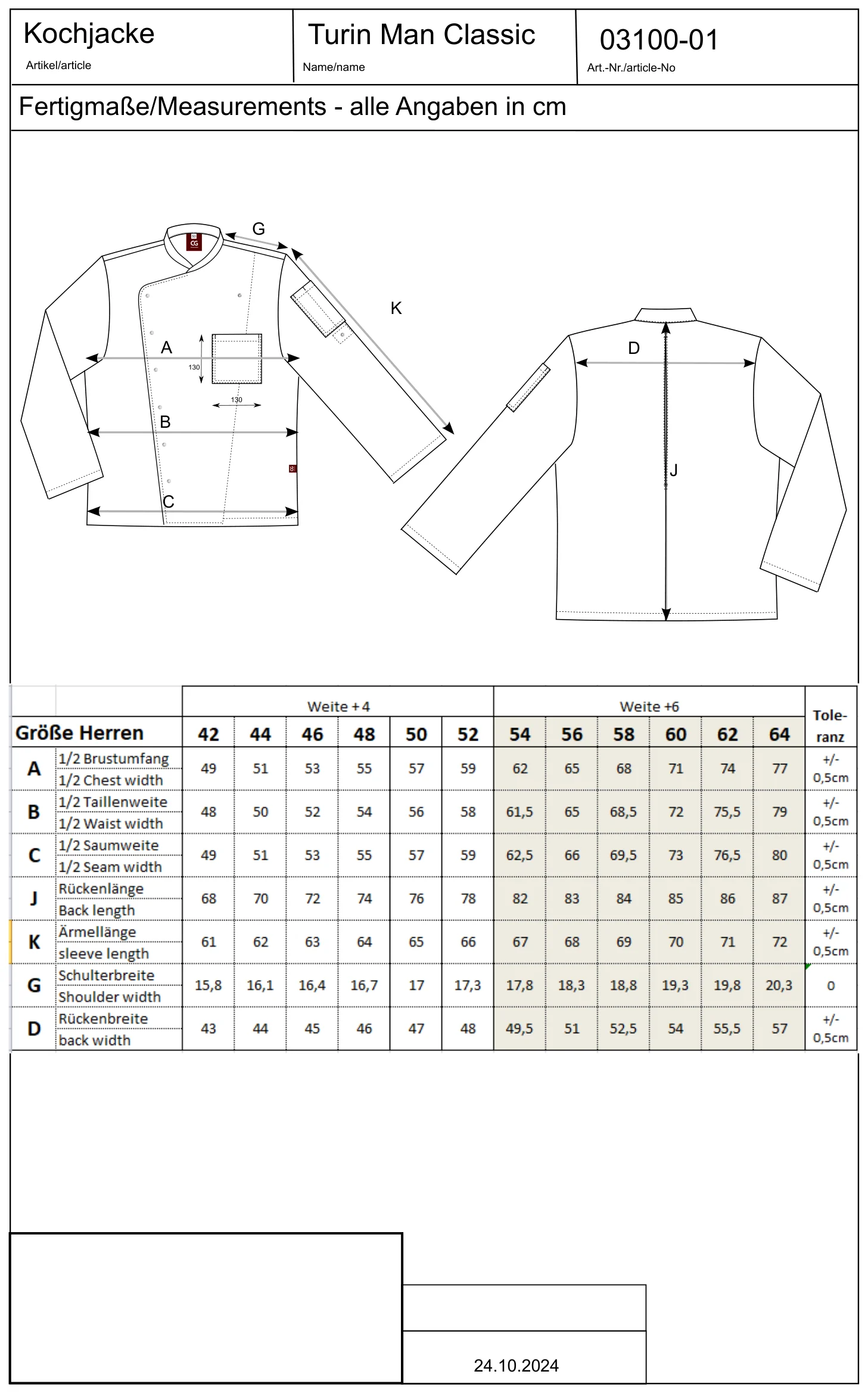 Maßblatt des Herstellers zu Men´s Chef Jacket Turin Classic mit den Maßen je Größe