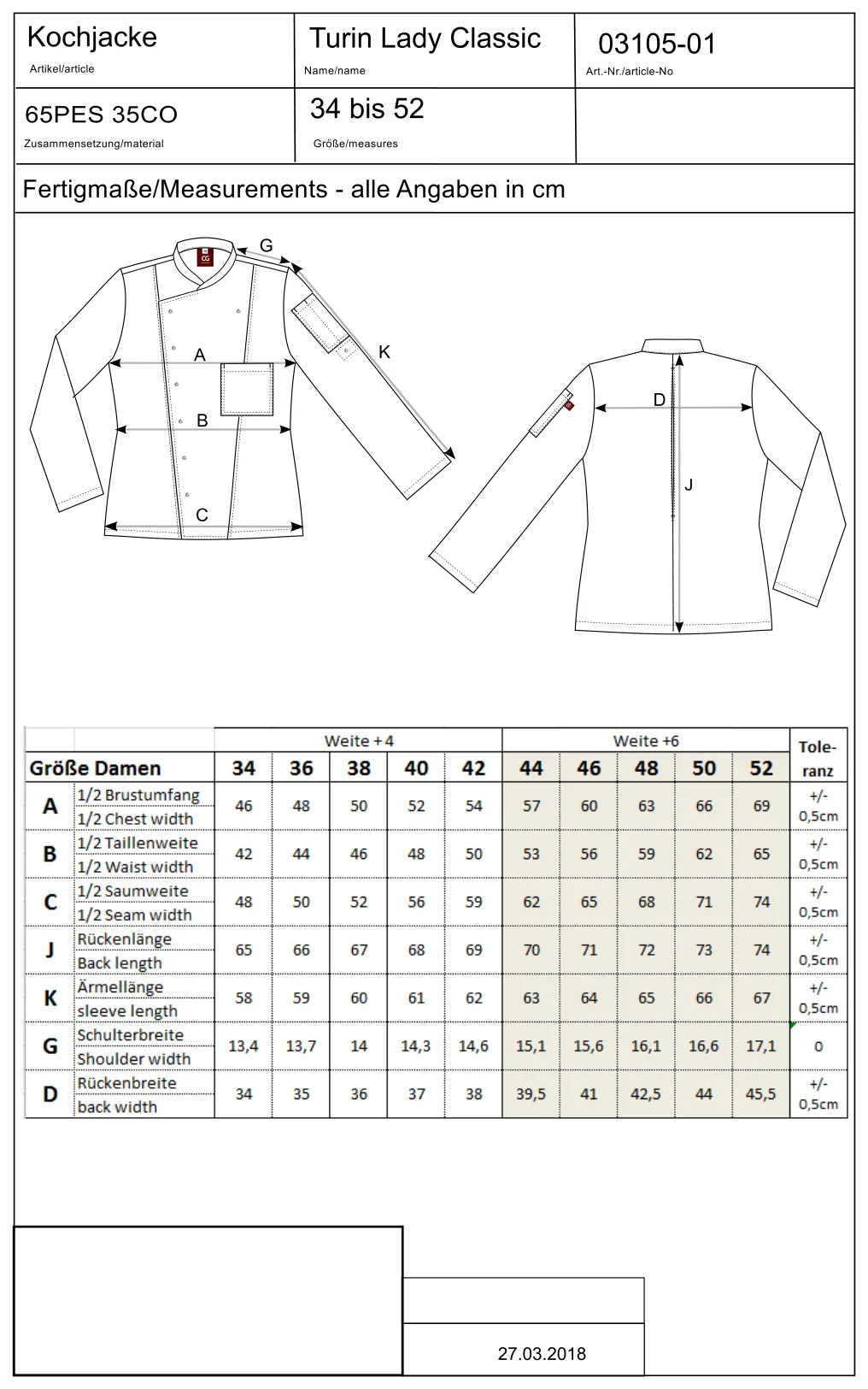 Maßblatt des Herstellers zu Ladies´ Chef Jacket Turin Classic mit den Maßen je Größe