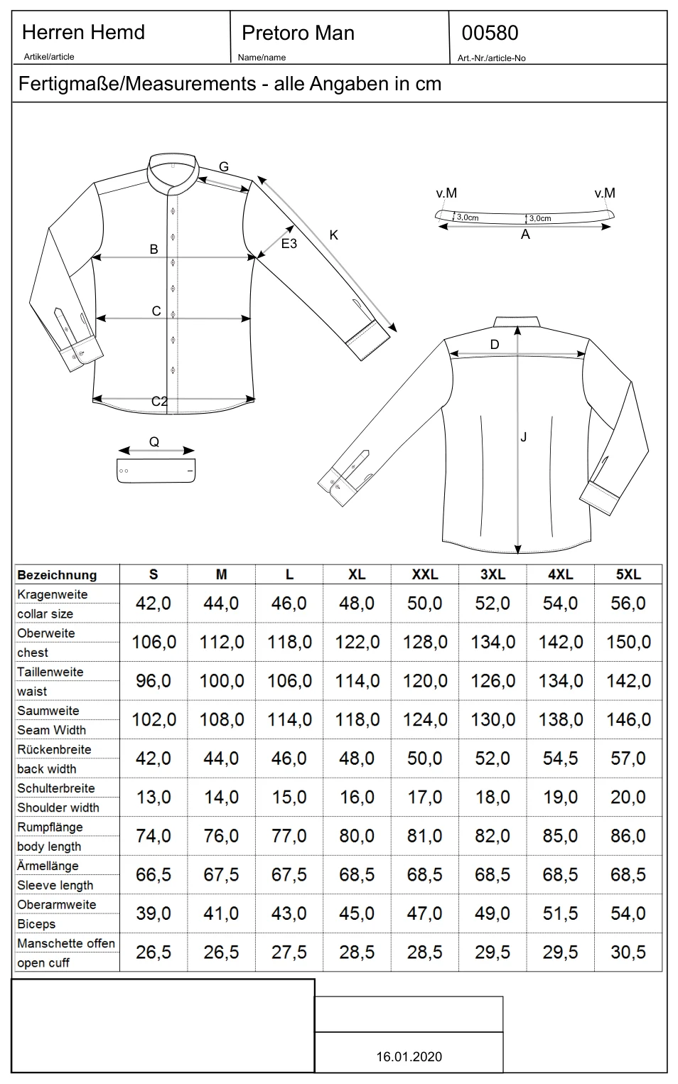 Maßblatt des Herstellers zu Men´s Shirt Pretoro mit den Maßen je Größe