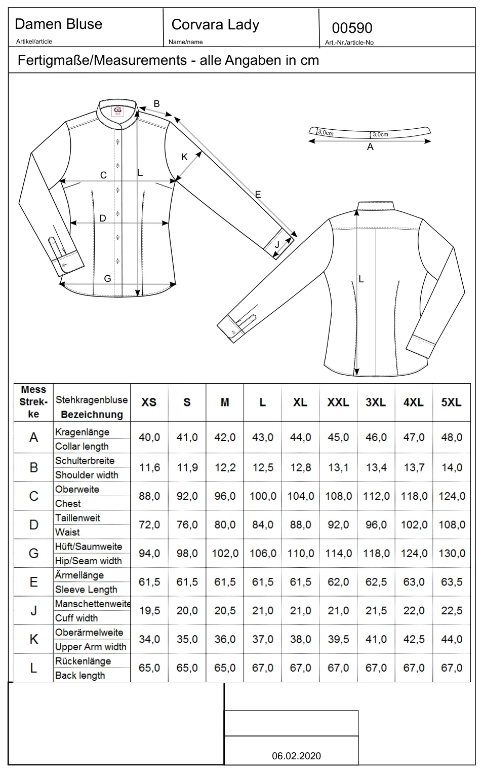Maßblatt des Herstellers zu Ladies´ Blouse Corvara mit den Maßen je Größe