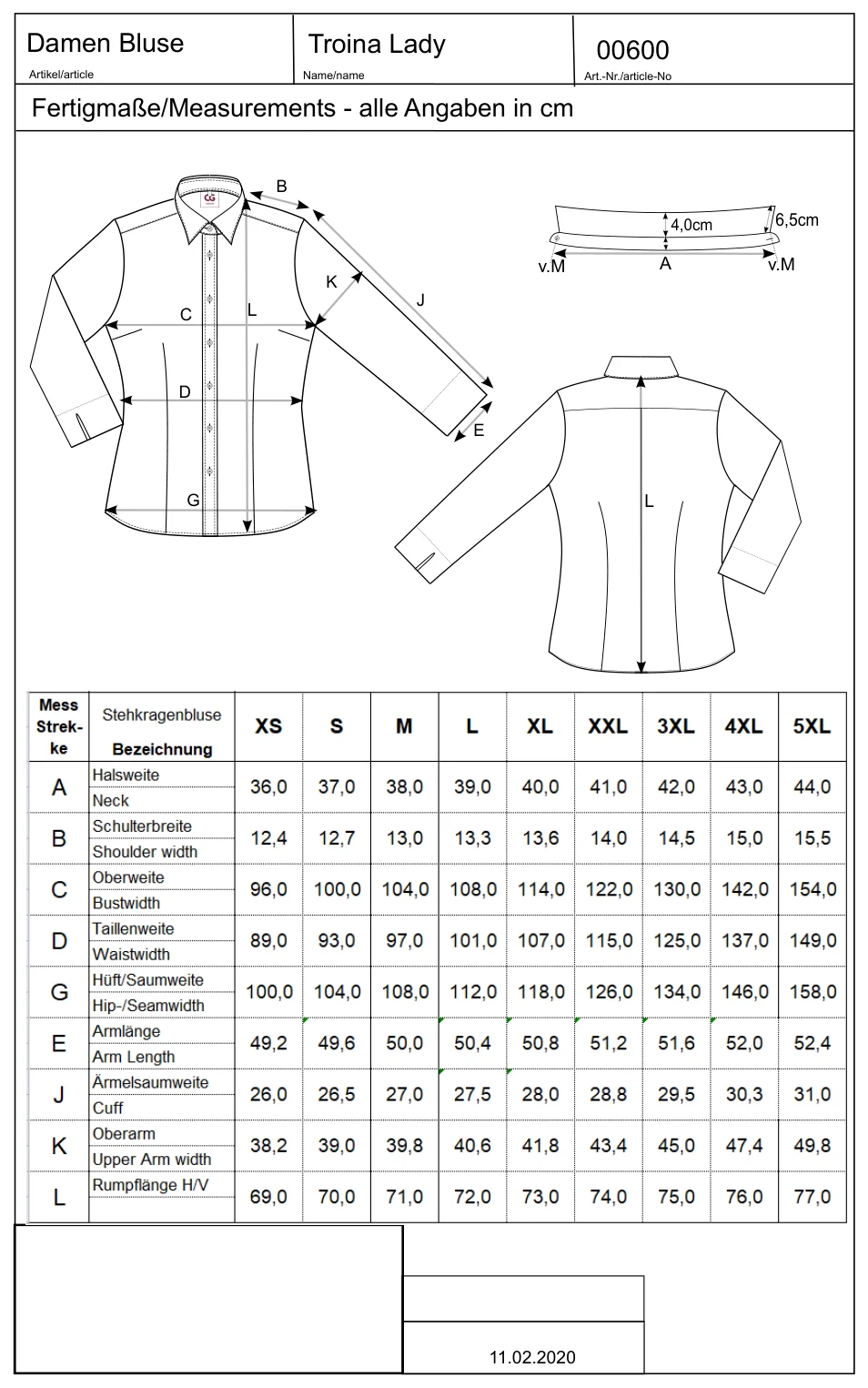 Maßblatt des Herstellers zu Ladies´ Blouse Troina mit den Maßen je Größe