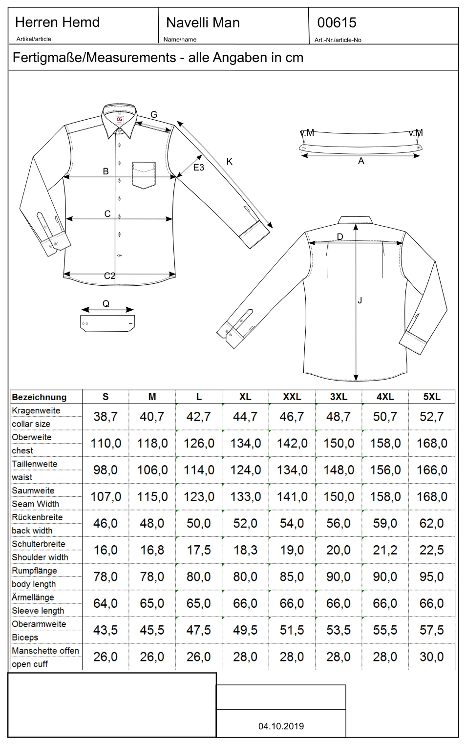 Maßblatt des Herstellers zu Men´s Shirt Navelli mit den Maßen je Größe