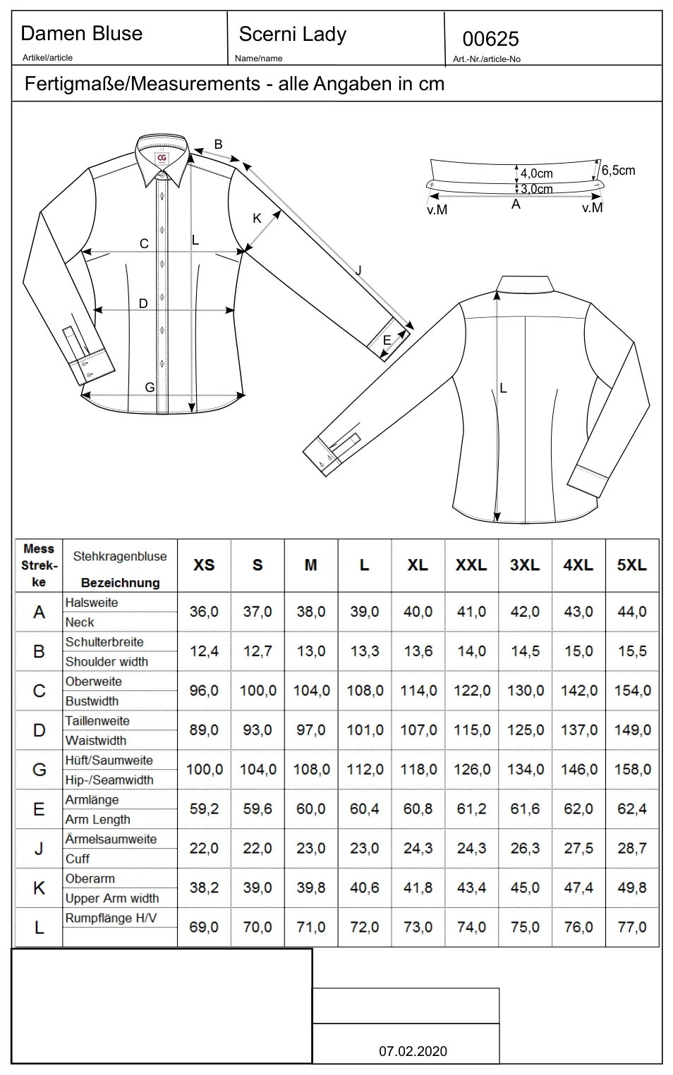 Maßblatt des Herstellers zu Ladies´ Blouse Scerni mit den Maßen je Größe
