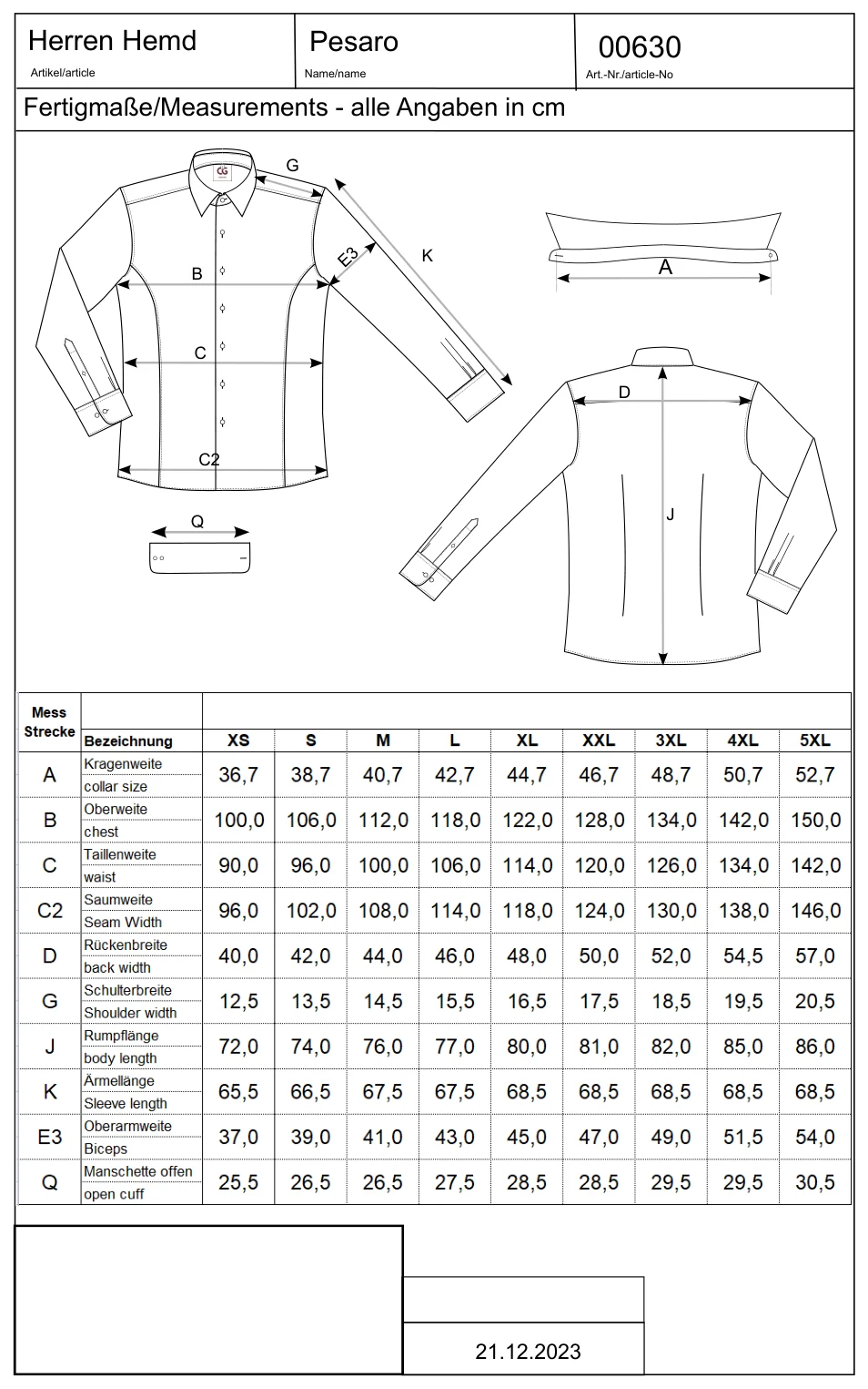 Maßblatt des Herstellers zu Men´s Shirt Pesaro mit den Maßen je Größe