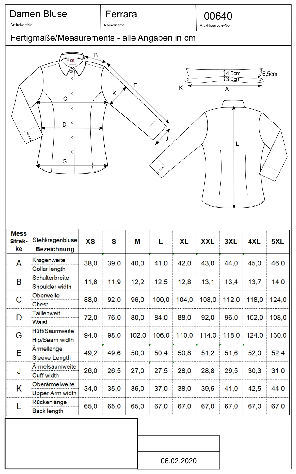 Maßblatt des Herstellers zu Ladies´ Blouse Ferrara mit den Maßen je Größe