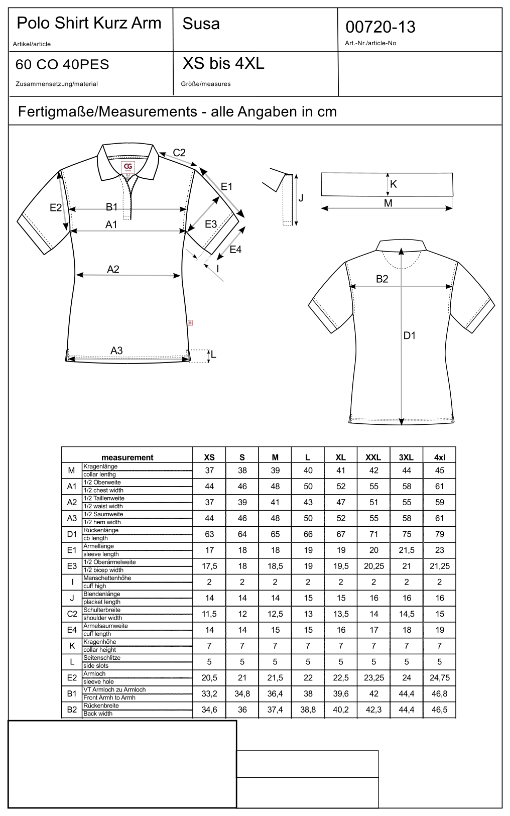 Maßblatt des Herstellers zu Ladies´ Polo Susa mit den Maßen je Größe