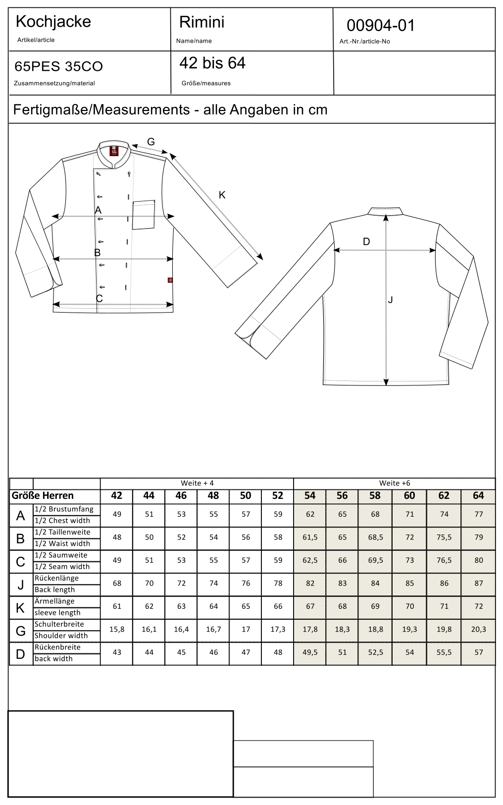 Maßblatt des Herstellers zu Men´s Chef Jacket Rimini mit den Maßen je Größe