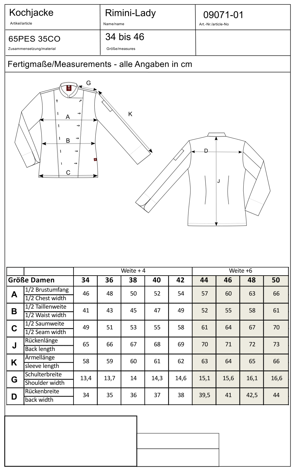 Maßblatt des Herstellers zu Ladies´ Chef Jacket Rimini mit den Maßen je Größe