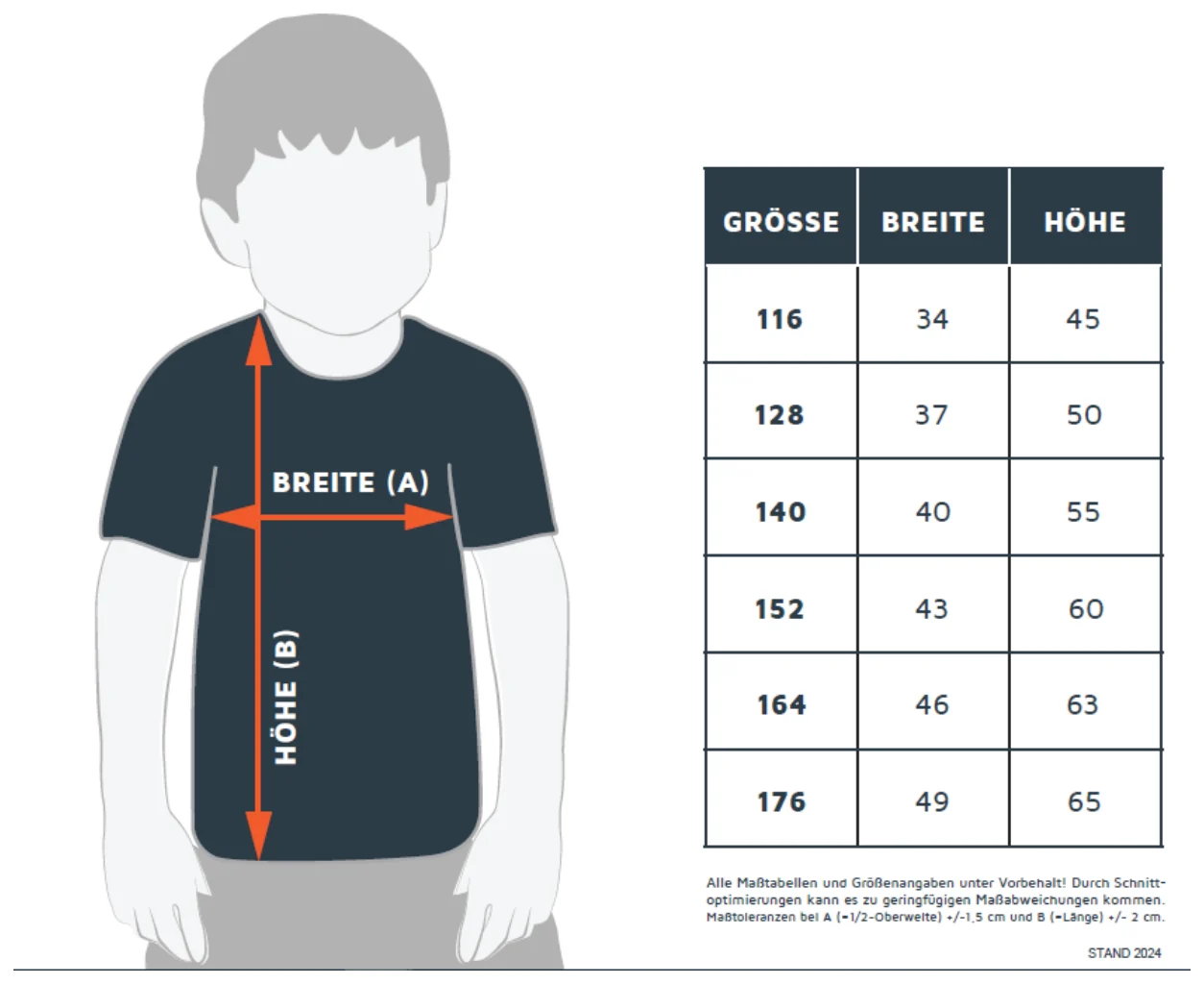 Maßblatt des Herstellers zu Kids Evolution Tech Tee mit den Maßen je Größe