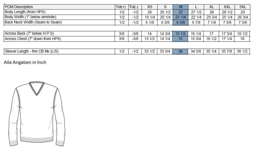 Maßblatt des Herstellers zu Men´s V-Neck Merino Sweater mit den Maßen je Größe