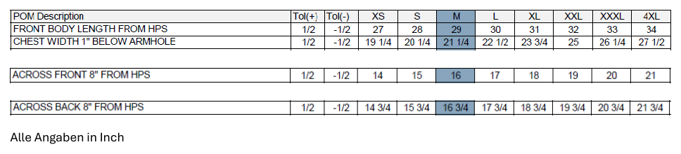 Maßblatt des Herstellers zu Men´s Tournament Polo mit den Maßen je Größe