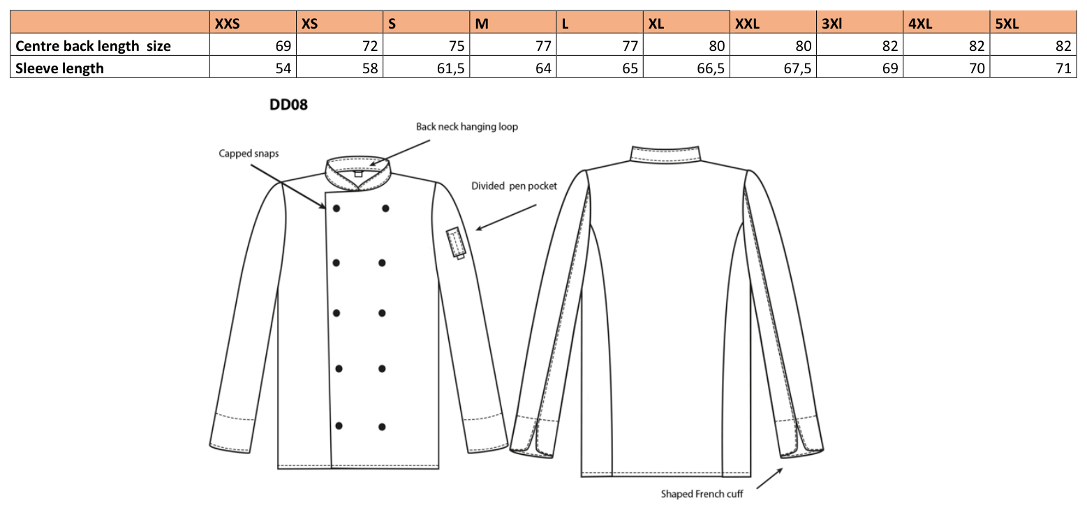 Maßblatt des Herstellers zu Long Sleeve Snap Stud Fastening Jacket mit den Maßen je Größe