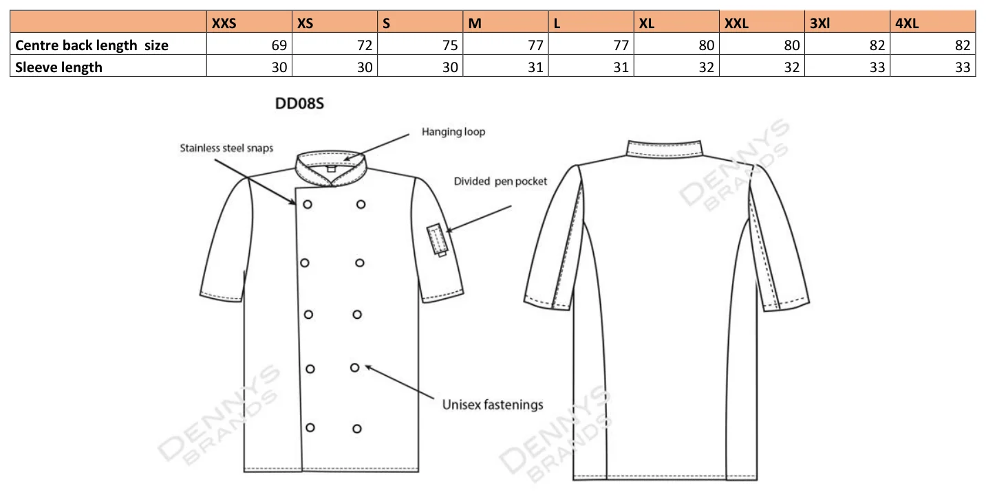 Maßblatt des Herstellers zu Short Sleeve Snap Stud Fastening Jacket mit den Maßen je Größe