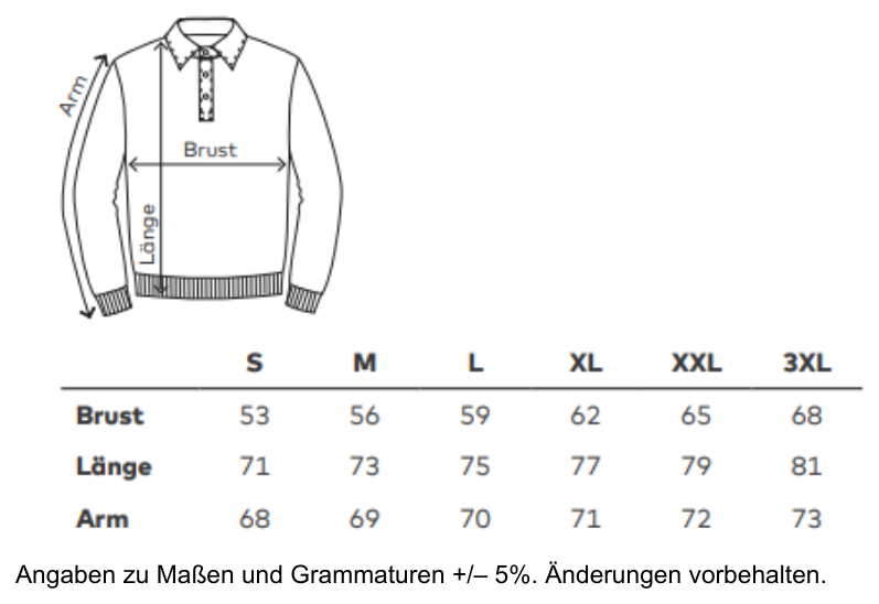 Maßblatt des Herstellers zu New Polo Sweater mit den Maßen je Größe