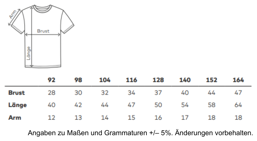 Maßblatt des Herstellers zu Kids´ Premium-T mit den Maßen je Größe
