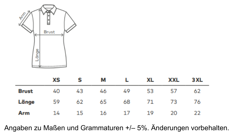 Maßblatt des Herstellers zu Women´s Superior Polo mit den Maßen je Größe