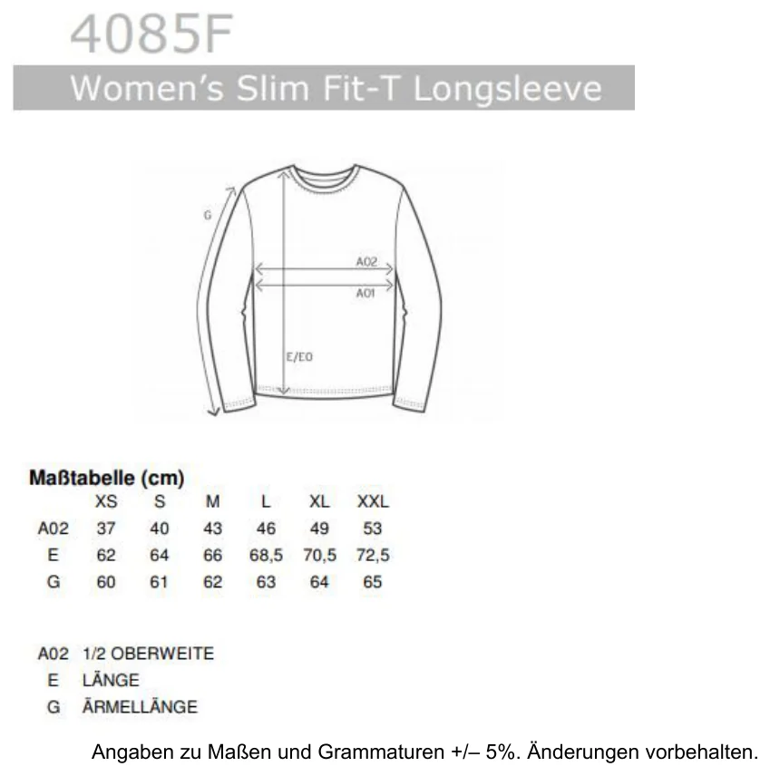 Maßblatt des Herstellers zu Women´s Slim Fit-T Long Sleeve mit den Maßen je Größe