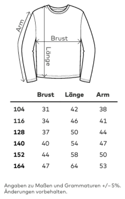 Maßblatt des Herstellers zu Kid´s Premium-T Longsleeve mit den Maßen je Größe