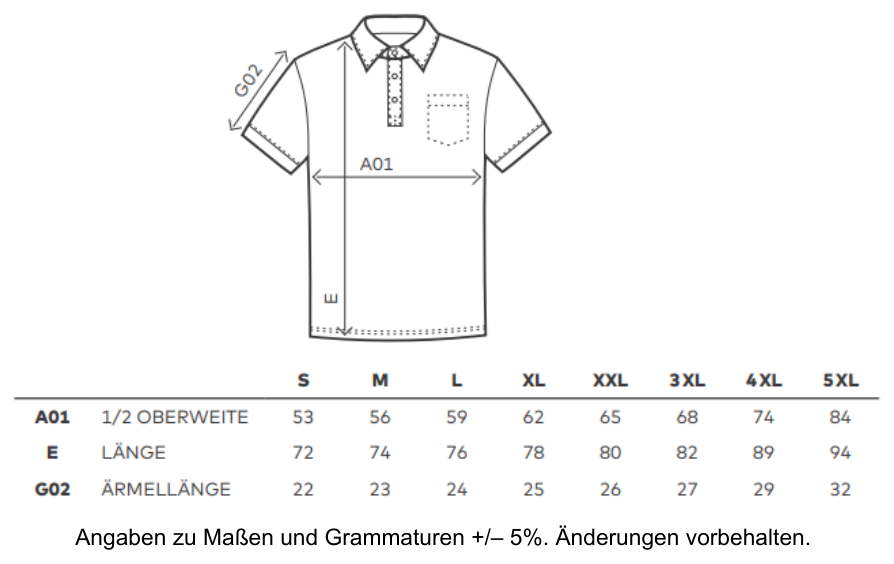 Maßblatt des Herstellers zu Men´s Polo mit den Maßen je Größe