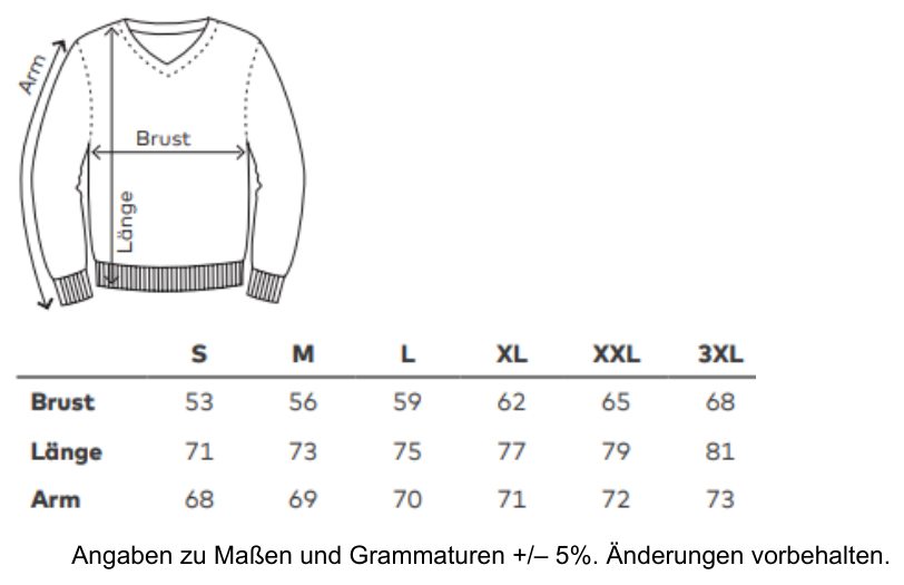 Maßblatt des Herstellers zu Men´s V-Neck Sweater mit den Maßen je Größe
