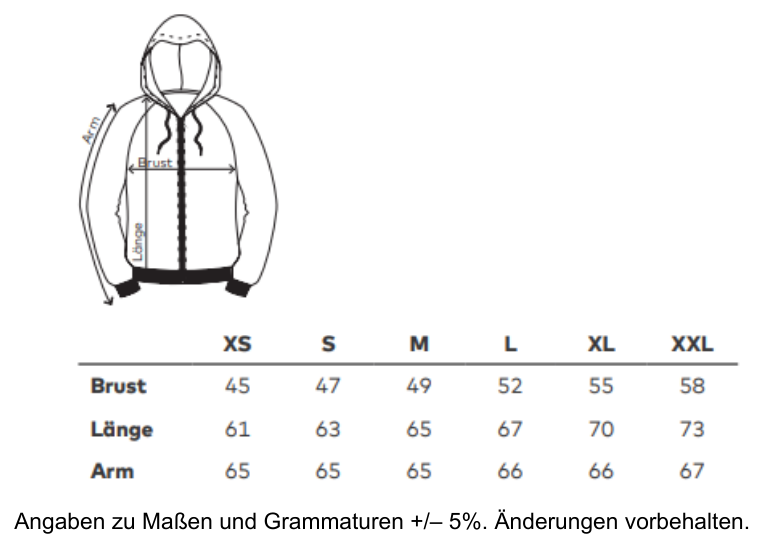 Maßblatt des Herstellers zu Women´s Hoody Jacket 80/20 mit den Maßen je Größe