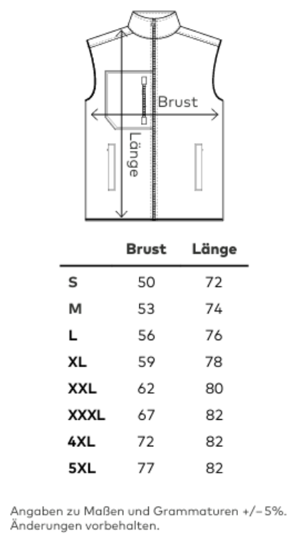 Maßblatt des Herstellers zu Men´s Canvas Fleece Vest mit den Maßen je Größe