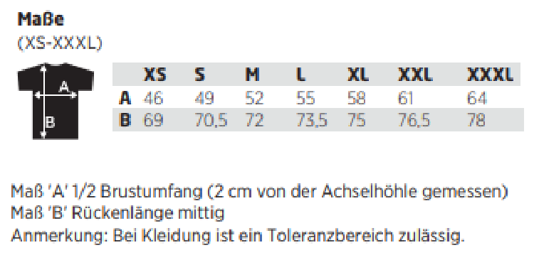 Maßblatt des Herstellers zu Niagara T-Shirt mit den Maßen je Größe