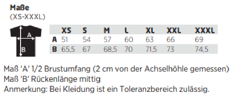 Maßblatt des Herstellers zu Men´s Scotia Light Down Jacket mit den Maßen je Größe
