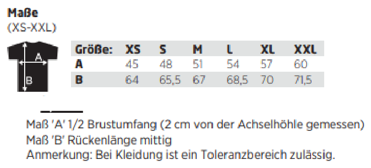 Maßblatt des Herstellers zu Ladies´ Langley Softshell Jacket mit den Maßen je Größe