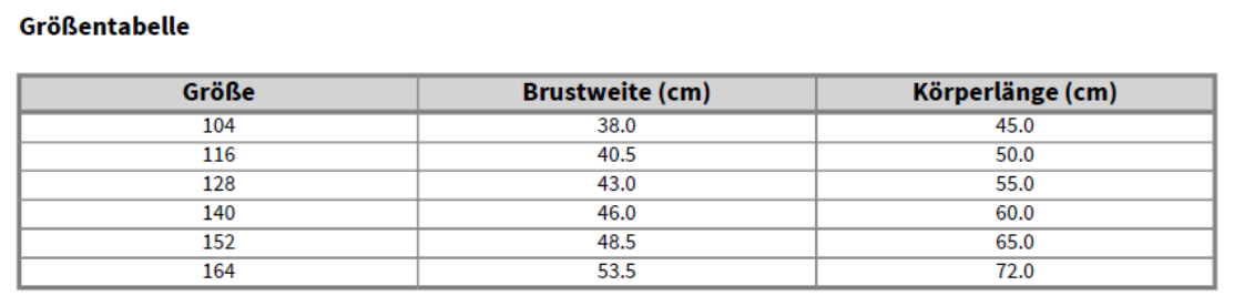Maßblatt des Herstellers zu Kids´ Original T mit den Maßen je Größe