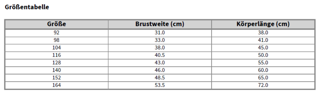 Maßblatt des Herstellers zu Kids´ Valueweight T mit den Maßen je Größe