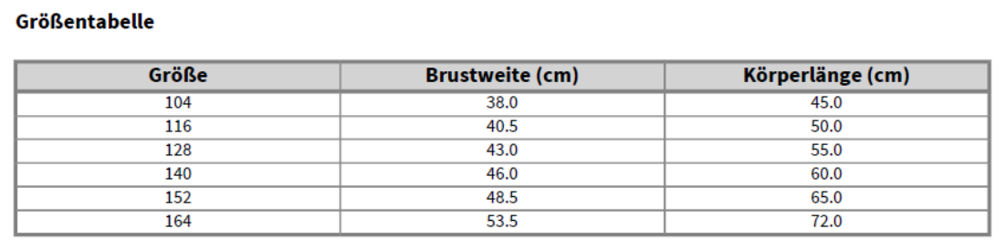 Maßblatt des Herstellers zu Kids´ Valueweight Long Sleeve T mit den Maßen je Größe