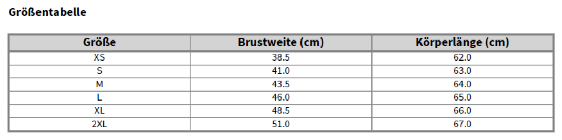 Maßblatt des Herstellers zu Ladies´ Valueweight Vest mit den Maßen je Größe