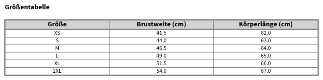 Maßblatt des Herstellers zu Ladies´ Valueweight V Neck T mit den Maßen je Größe