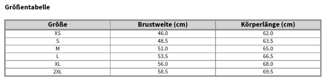 Maßblatt des Herstellers zu Ladies´ Lightweight Raglan Sweat mit den Maßen je Größe