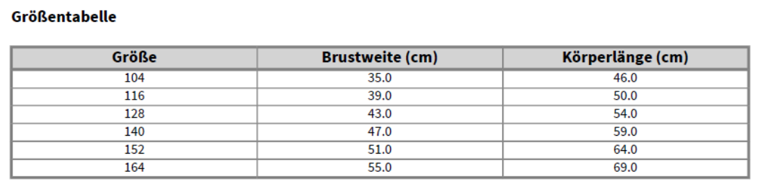 Maßblatt des Herstellers zu Kids´ 65/35 Polo mit den Maßen je Größe