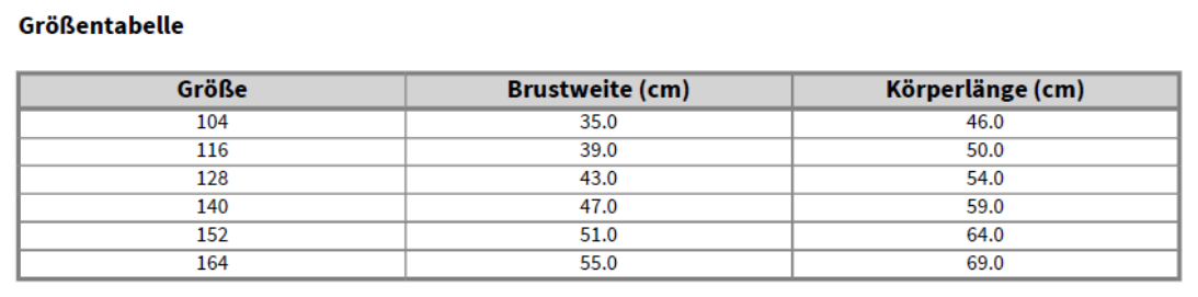 Maßblatt des Herstellers zu Kids´ Long Sleeve 65/35 Polo mit den Maßen je Größe