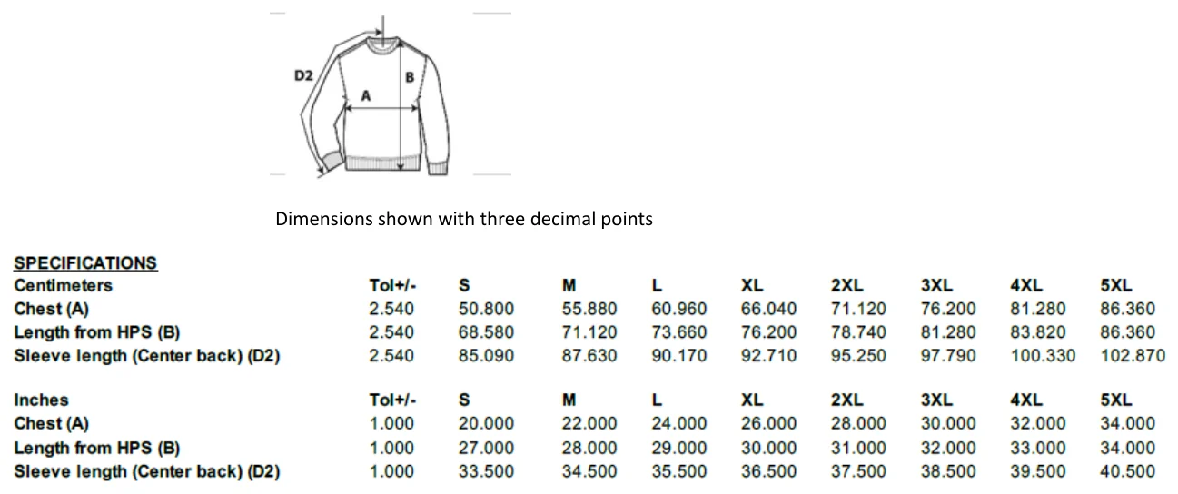 Maßblatt des Herstellers zu Heavy Blend™ Adult Crewneck Sweatshirt mit den Maßen je Größe