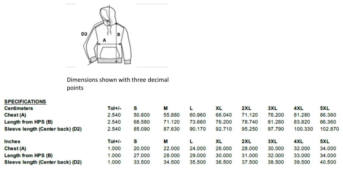 Maßblatt des Herstellers zu Heavy Blend™ Adult Hooded Sweatshirt mit den Maßen je Größe