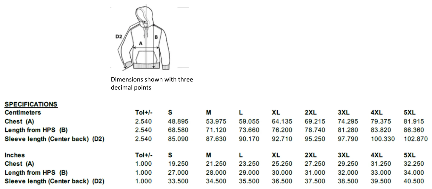 Maßblatt des Herstellers zu Heavy Blend™ Adult Full Zip Hooded Sweatshirt mit den Maßen je Größe