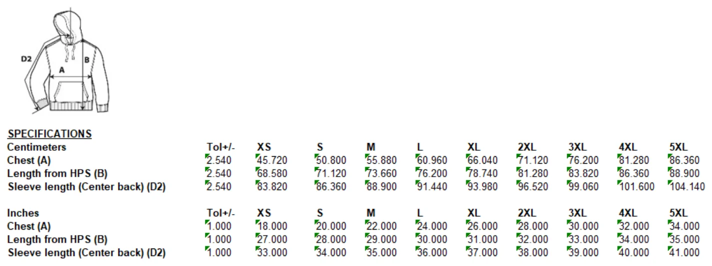 Maßblatt des Herstellers zu Softstyle® Midweight Sweat Adult Hoodie mit den Maßen je Größe