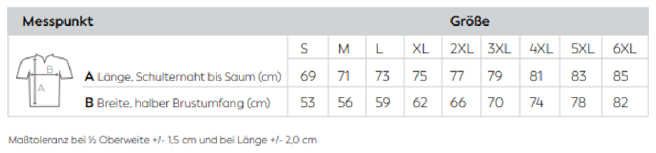Maßblatt des Herstellers zu Men´s Hooded Performance Body Warmer mit den Maßen je Größe