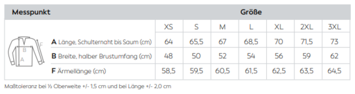 Maßblatt des Herstellers zu Women´s Premium Quilted Jacket mit den Maßen je Größe